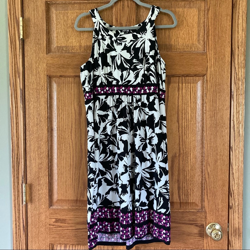 Apt. 9 Black and White Floral Tank Dress with Purple Trim